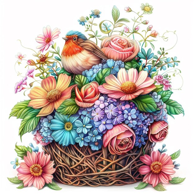 there is a bird sitting on a basket of flowers with a bird generative ai