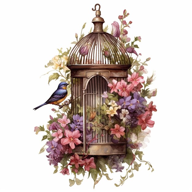 There is a bird sitting on a birdcage with flowers around it generative ai