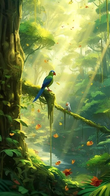 There is a bird sitting on a branch in the jungle generative ai