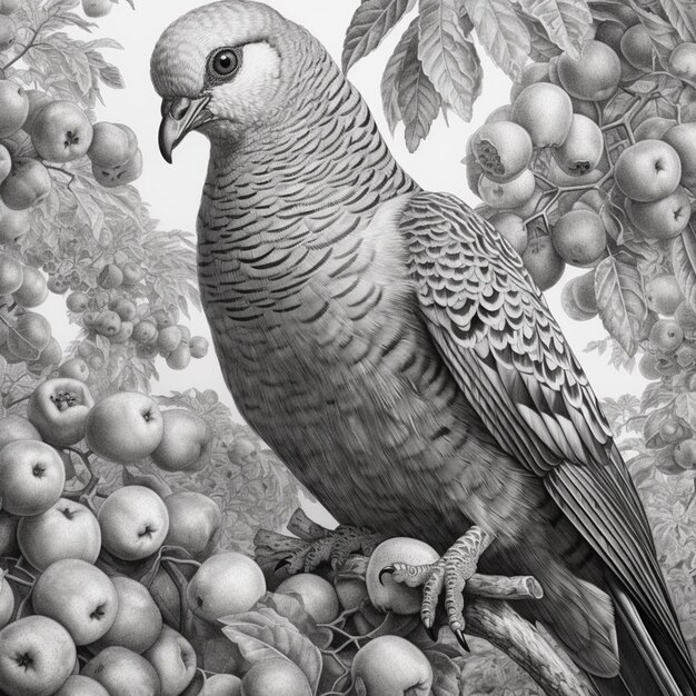 there is a bird sitting on a branch of a tree with apples generative ai