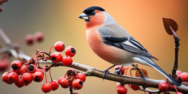 열매 생성 인공 지능이 있는 나무 가지에 앉아 있는 새가 있습니다.