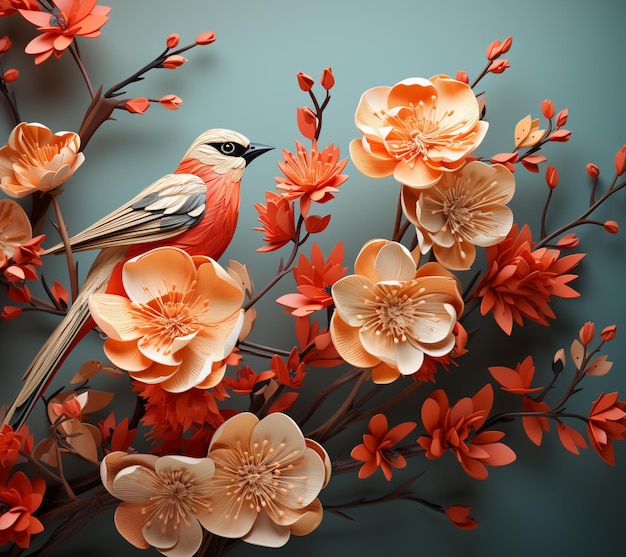 There is a bird sitting on a branch of a tree with flowers generative ai