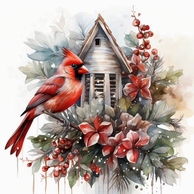 there is a bird sitting on a branch with berries and a birdhouse generative ai