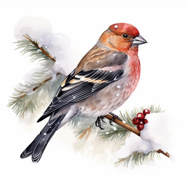 There is a bird sitting on a branch with berries on it generative ai