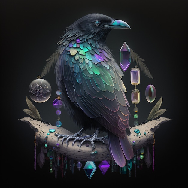 there is a bird sitting on a branch with crystals and beads generative ai