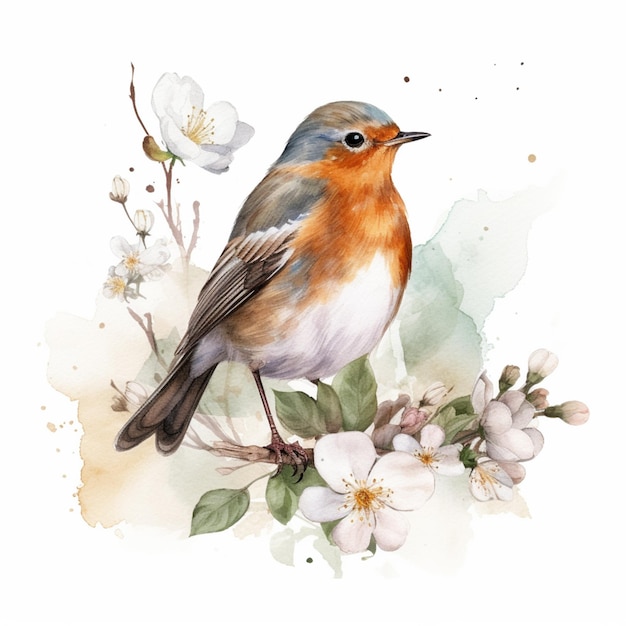 There is a bird sitting on a branch with flowers generative ai