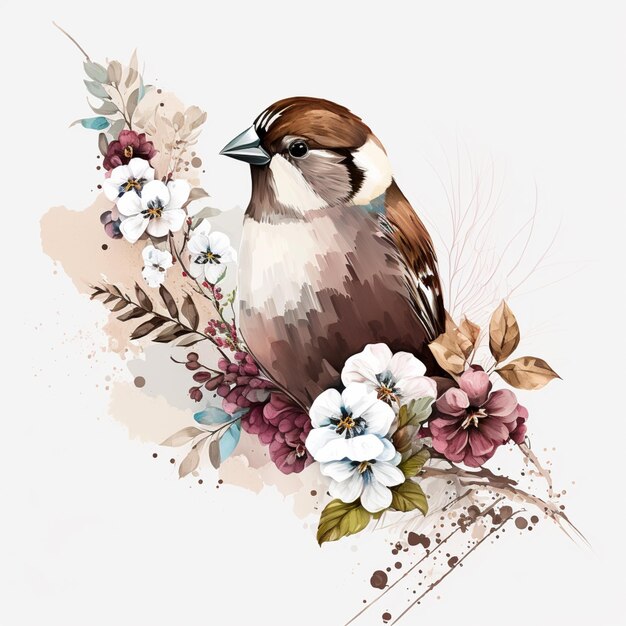 Photo there is a bird sitting on a branch with flowers and leaves generative ai