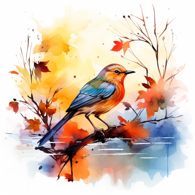 There is a bird sitting on a branch with leaves on it generative ai