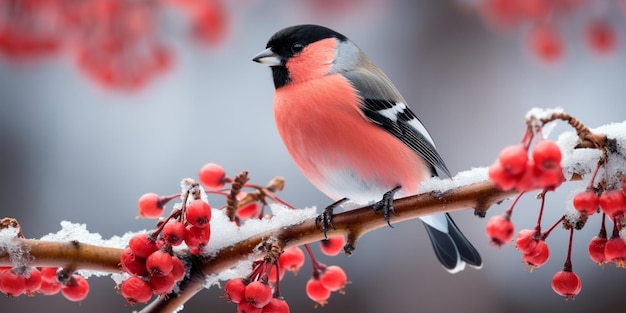 There is a bird sitting on a branch with red berries generative ai