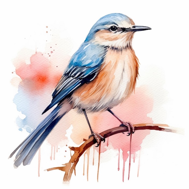 There is a bird sitting on a branch with a watercolor background generative ai