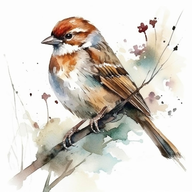 There is a bird sitting on a branch with a white background generative ai