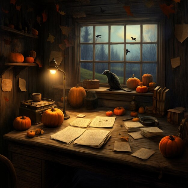 there is a bird sitting on a desk in a room with pumpkins generative ai