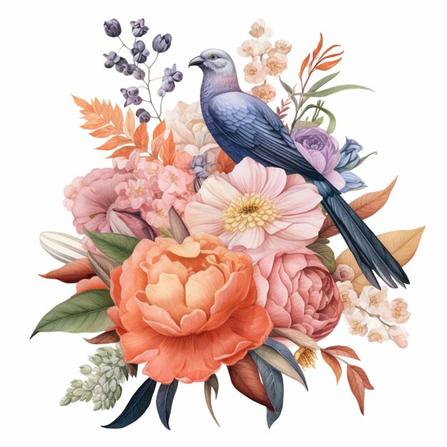 there is a bird sitting on a flower arrangement with many flowers generative ai