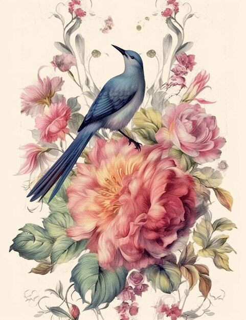 there is a bird sitting on a flower arrangement with pink flowers generative ai