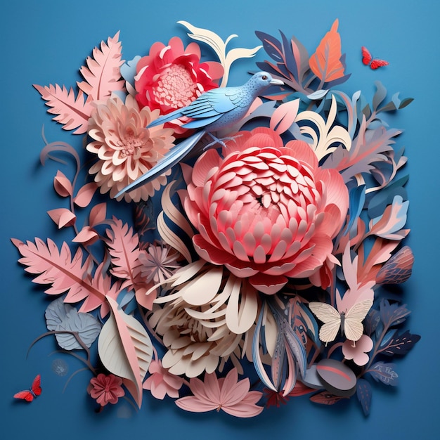 There is a bird sitting on a flower with many leaves generative ai