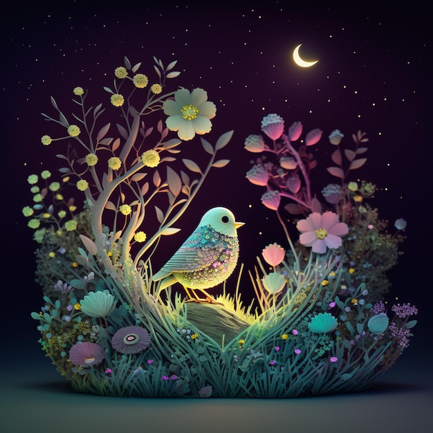 There is a bird sitting on a flowery patch in the night generative ai