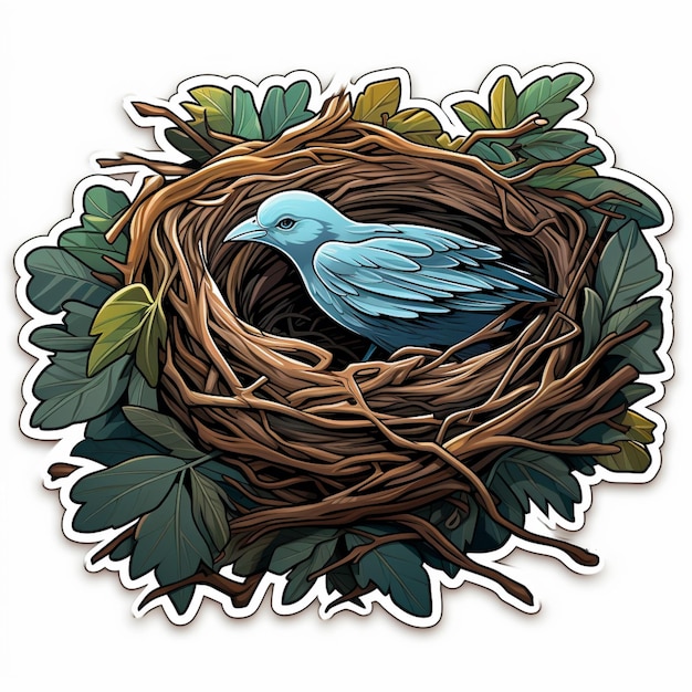 Photo there is a bird sitting in a nest with leaves around it generative ai