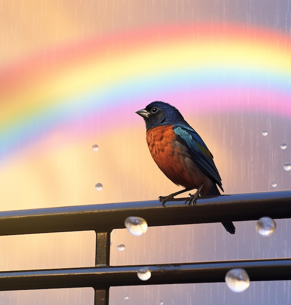 there is a bird sitting on a railing with a rainbow in the background generative ai