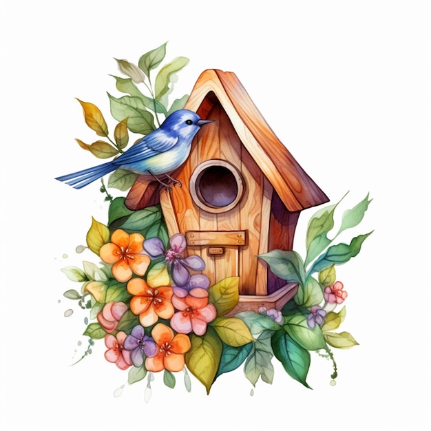 Photo there is a bird sitting on top of a birdhouse with flowers generative ai