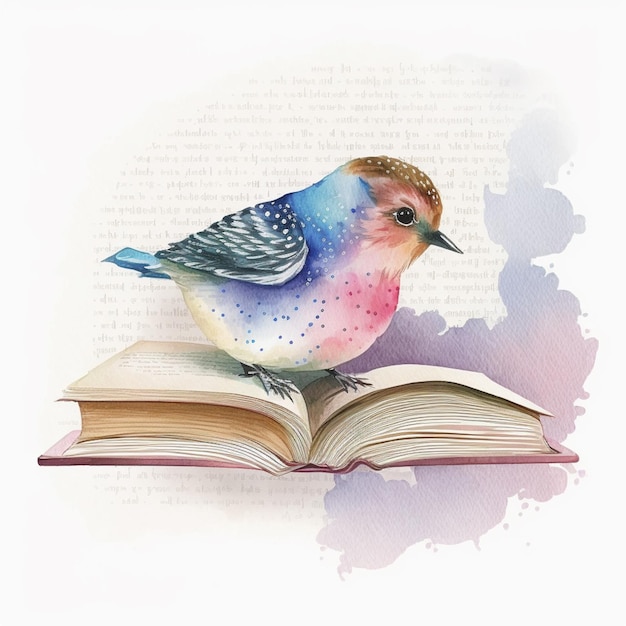 на столе над книгой сидит птица с генеративным искусственным интеллектом