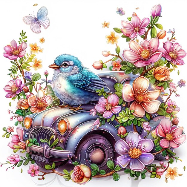 꽃이 있는 차 위에 앉아 있는 새가 있습니다.
