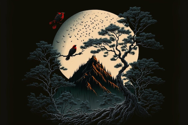 There is a bird sitting on tree branch in front of full moon generative ai