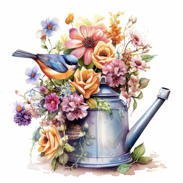 there is a bird sitting on a watering can with flowers generative ai