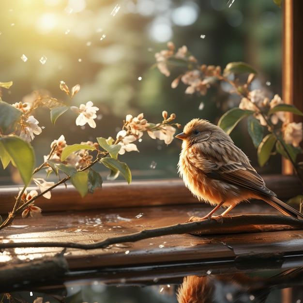 there is a bird sitting on a window sill with flowers generative ai