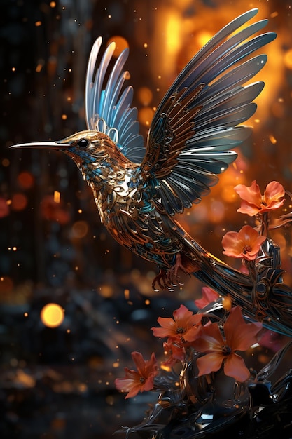 There is a bird that is flying in the air with flowers generative ai