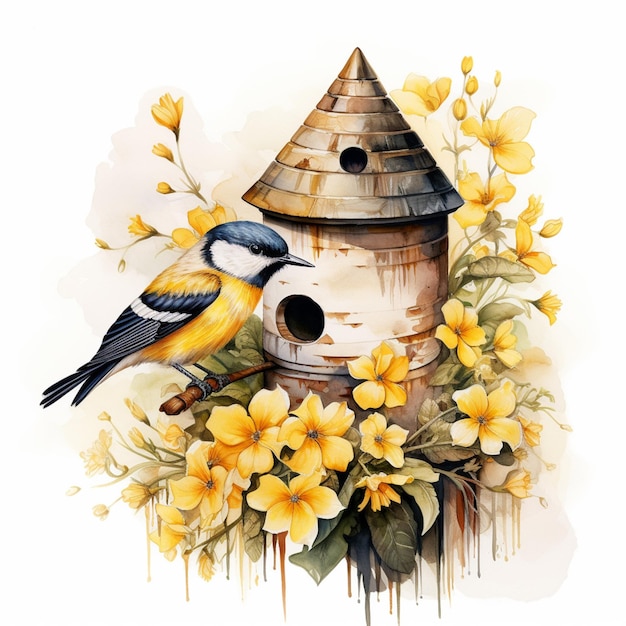 there is a bird that is sitting on a birdhouse generative ai