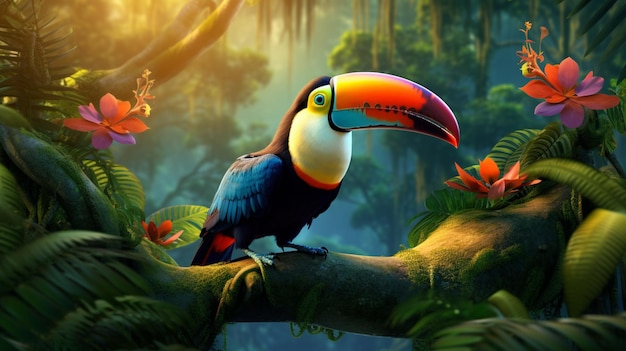 there is a bird that is sitting on a branch in the jungle generative ai