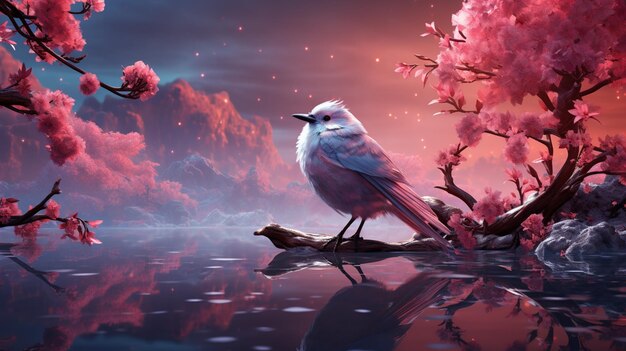 There is a bird that is sitting on a branch in the water generative ai