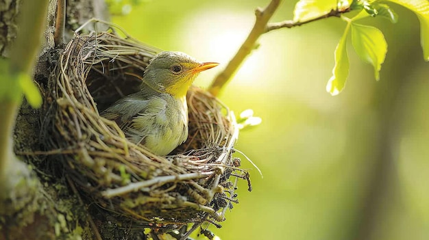 Foto c'è un uccello che è seduto in un nido su un albero generativo ai