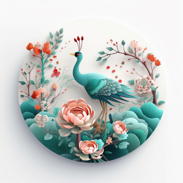 There is a bird that is sitting on a plate with flowers generative ai