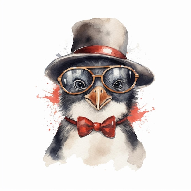 There is a bird wearing a hat and glasses with a bow tie generative ai