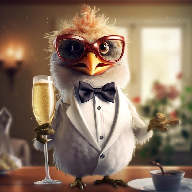 there is a bird wearing a tuxedo and a bow tie holding a glass of wine generative ai