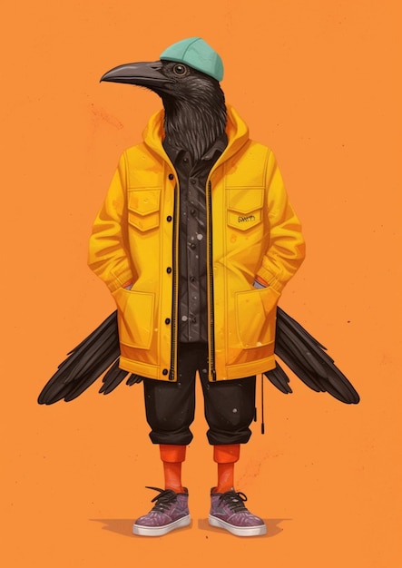 There is a bird wearing a yellow jacket and a hat generative ai