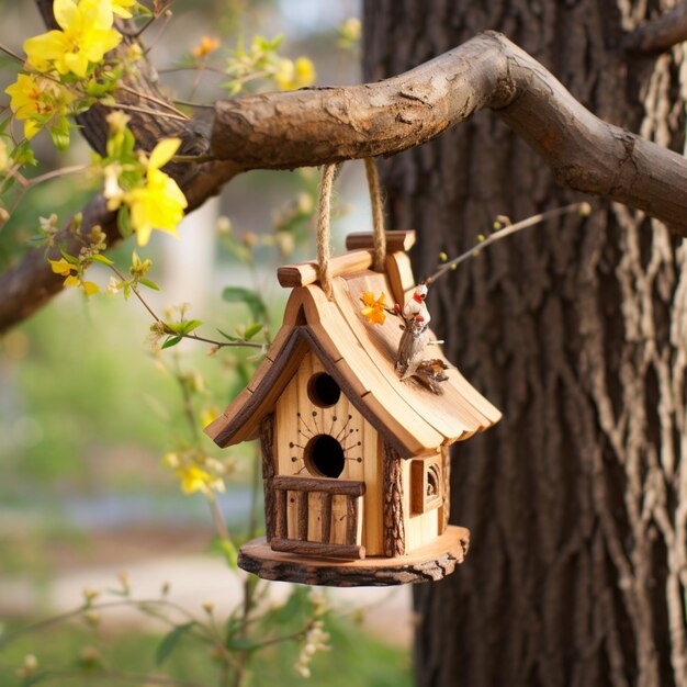 Photo there is a birdhouse hanging from a tree with a bird on it generative ai