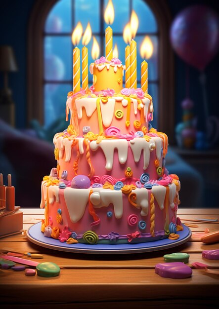 There is a birthday cake with candles on it on a table generative ai