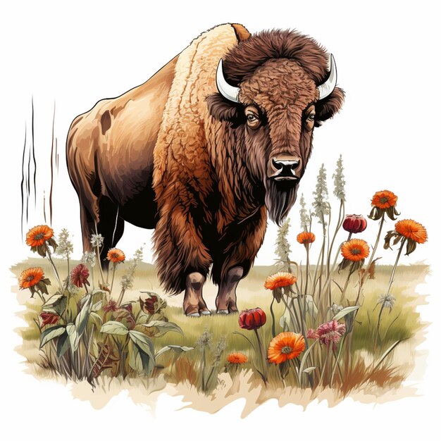 Photo there is a bison standing in a field of flowers generative ai