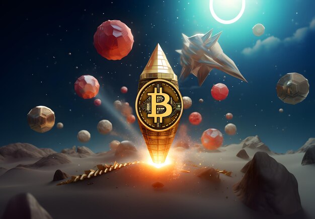 Photo there is a bitcoin tower with a clock on it in the middle of a desert generative ai