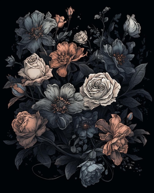 there is a black background with a bunch of flowers on it generative ai