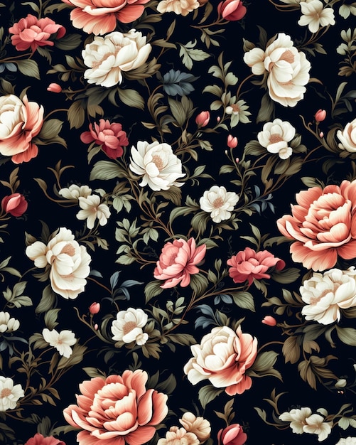 there is a black background with a bunch of pink and white flowers generative ai