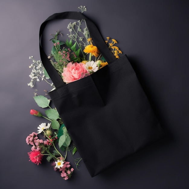 there is a black bag with flowers on it on a table generative ai