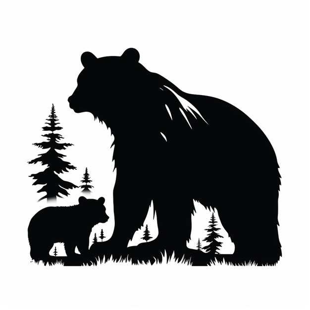 Photo there is a black bear and her cub in the woods generative ai