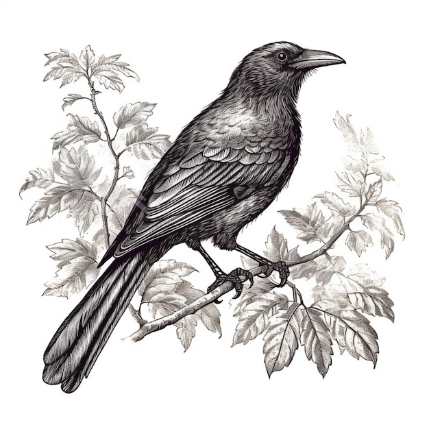 There is a black bird sitting on a branch of a tree generative ai