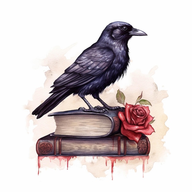 There is a black bird sitting on top of a book generative ai