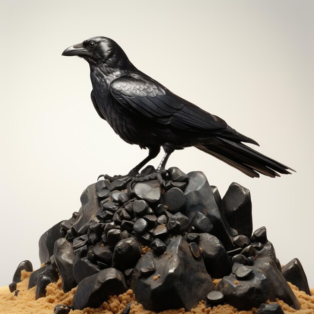 There is a black bird sitting on top of a pile of rocks generative ai