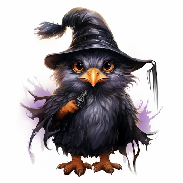 Photo there is a black bird wearing a witch hat and holding a pipe generative ai