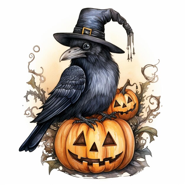 There is a black bird wearing a witch hat sitting on a pumpkin generative ai